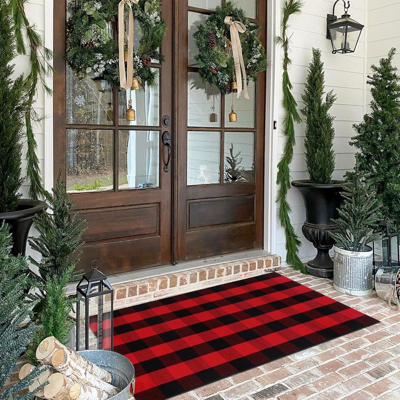 Fallovea Christmas Rugs Red and Black Plaid, 3'x5' Area Rug Outdoor Indoor Front Porch Doormat Cotton Hand-Woven Layered Door Mats for Entryway Patio Entryway Laundry Bedroom Living Room - Image 4
